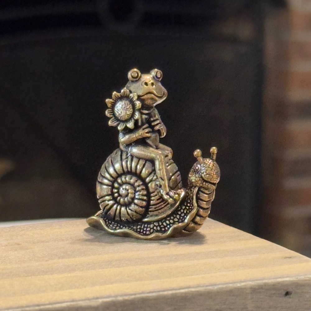 BG13 Brass Frog Riding Snail Figurine Gold Sunflower Miniature Vintage Style
